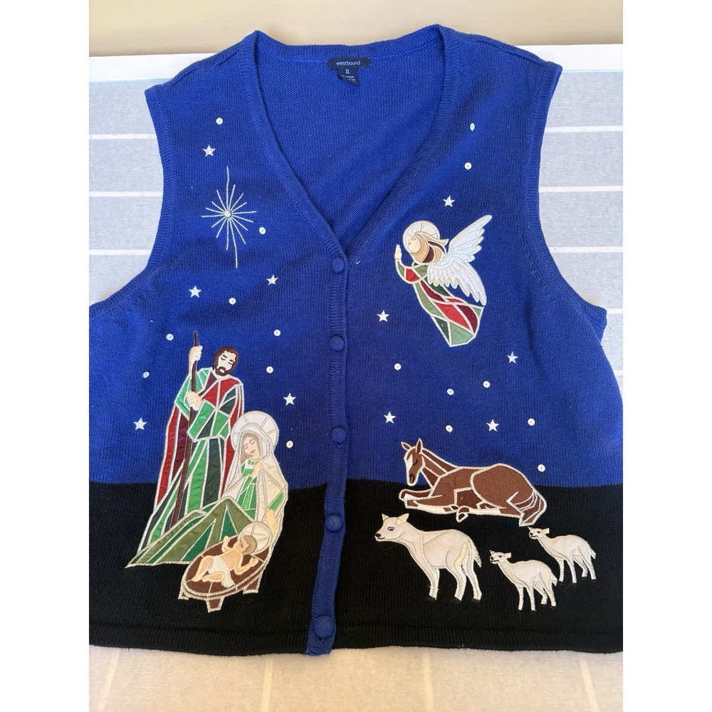 Westbound Christmas Nativity Sweater Vest Womens XL Blue Embroidered Angel Jesus
